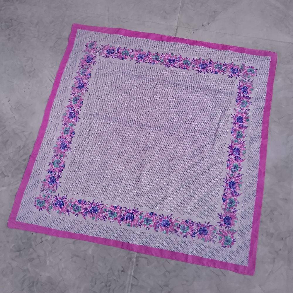 Vintage Floral Silk Scarf Purple White Square Scarf 26” Retro Neck Head Scarf - Picture 6 of 12